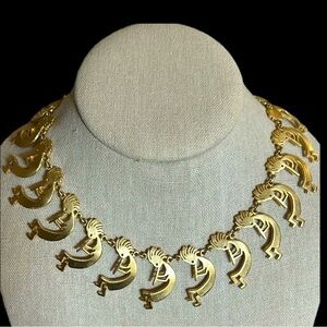 Kachina-KoKopelli Native American Choker Style Necklace in Brushed Gold Tone